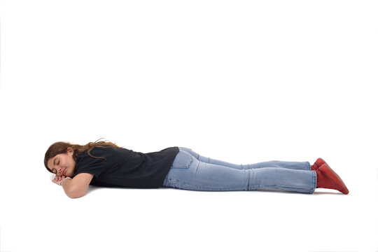 girl lying upside down on white background