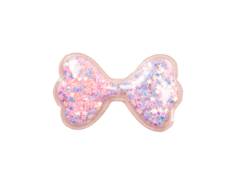 isolated pink bow with glitter and beads inside, handmade decoration accessory 