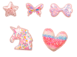 cute baby pink pins with glitters and beads inside. set of accessory for handwork. elements for decorating a poster for handwork, a children's project, an invitation to a birthday party,handmade decor