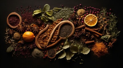 Obraz na płótnie Canvas Artistically arranged spices and herbs on a dark surface. AI generated
