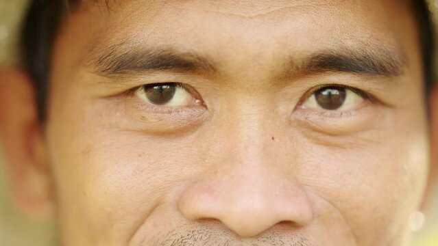 Close-Up of Asian Man's Eyes, Pupil, and Iris, Gazes into the Camera, human face