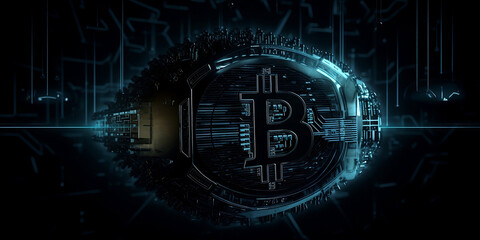Bitcoin hologram on dark background. Cryptocurrency concept