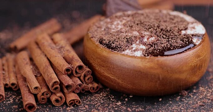Milk sweet yogurt with bifidobacteria and chocolate addition, delicious sweet chocolate taste of fresh yogurt