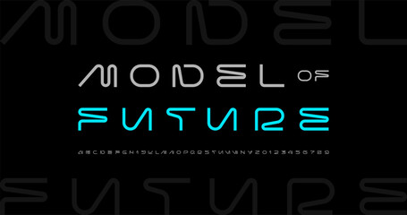 Technical wide thin future font, digital cyber alphabet, trendy original uppercase letters from A to Z and numbers from 0 to 9 for interface design, vector illustration 10EPS