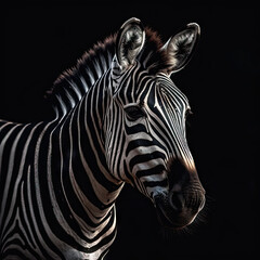 Fototapeta na wymiar Zebra Portrait on Black Background - Made with Generative AI