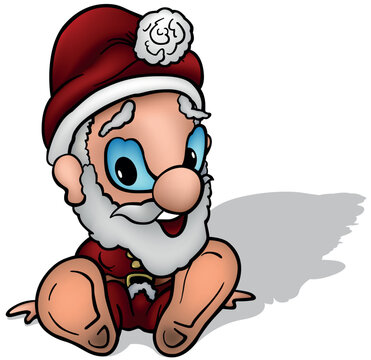 Funny Blue-eyed Little Santa Claus in Red Costume Sitting on the Ground