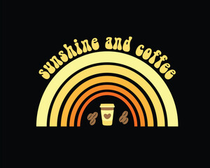 Sunshine and coffee, summer wavy retro groovy, rainbow, t-shirt design uses for tee, mug, ,cup, striker, and wall art, etc.