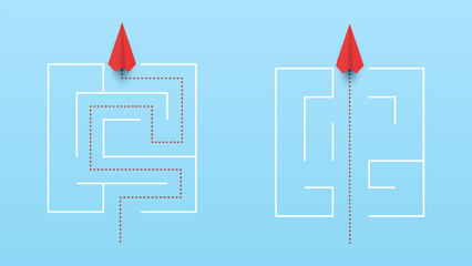 Paper plane red find the right path and Straight paper plane going right through maze. airplane to destination. business strategy © sichon