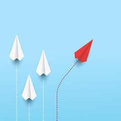 Red paper plane changing direction. Concept of creativity, new ideas, and innovative. Different business. Vector illustrations