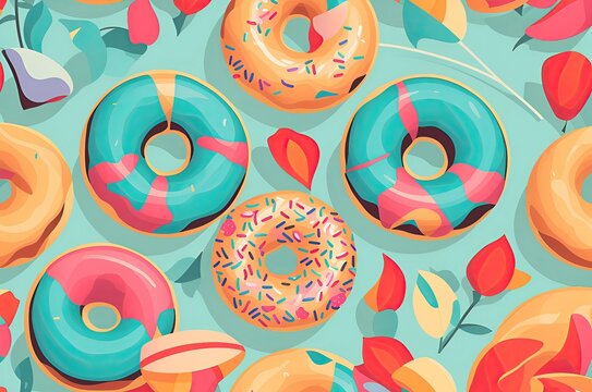 A set of Watercolor drawing of donuts with colorfull frosting.