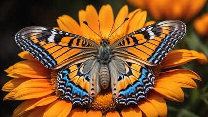 A close-up of a colorful butterfly resting on a flower.