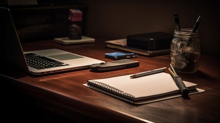 Desk with a laptop, notepad, and pen. AI generated
