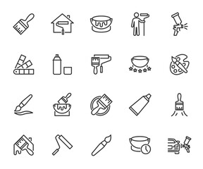 Vector set of paint line icons. Contains icons paint brush, painter, house painting, spray can, paint can, color palette, paint roller and more. Pixel perfect.