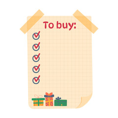 To do planner template with sticky note tapes. To buy list with check marks and gifts. Cozy hygge cartoon paper sheet.
