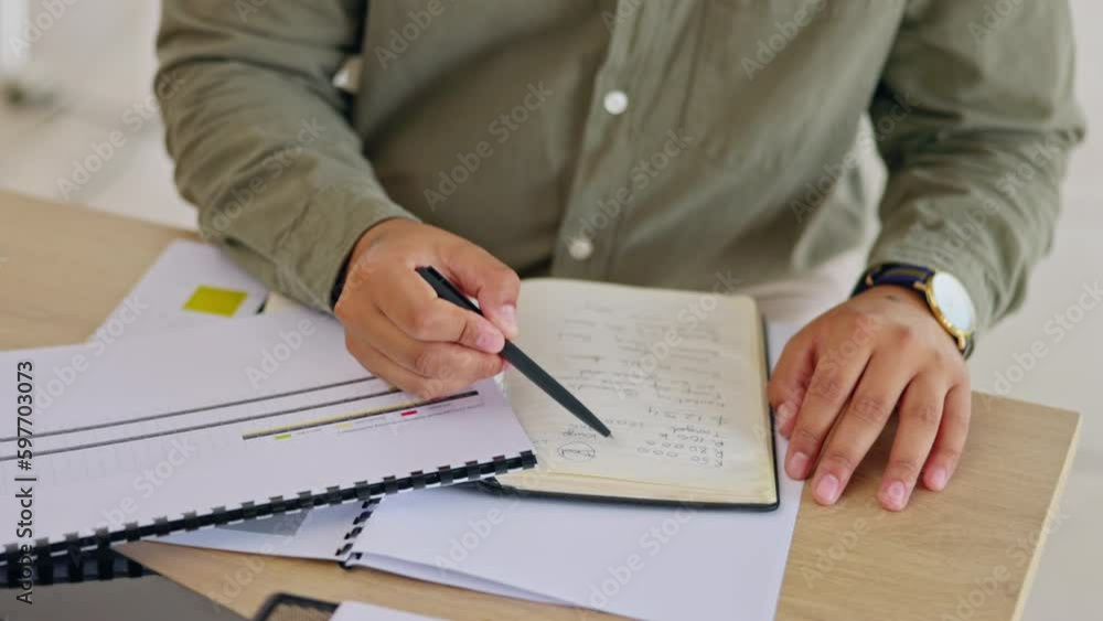 Poster writing, notebook and research with hands of man in office for strategy, idea and administration rep