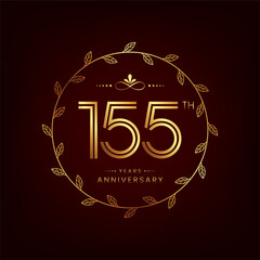 155th anniversary logo with golden number for celebration event, invitation, wedding, greeting card, banner, poster, flyer, book cover. Vector design