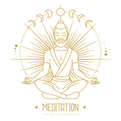 Handsome man meditation in lotus position in the rays of the rising sun. Sun and moon astrology sign. Vector illustration