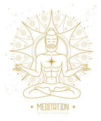 Handsome man meditation in lotus position at the sun dawn. Sun astrology sign. Vector illustration