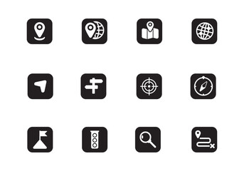 Set of location and navigation icons in rounded rectangle shape with black and white color 