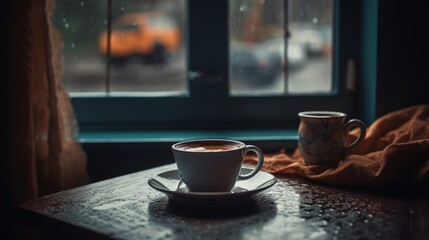 Cozy feeling of enjoying coffee on a rainy day. AI generated