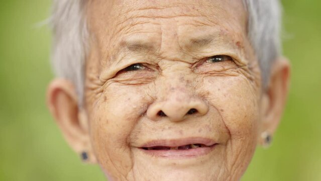 Closeup Portrait of a Toothless Old Asian Woman, laugh lines and happiness