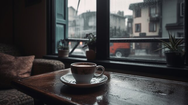Cozy feeling of enjoying coffee on a rainy day. AI generated
