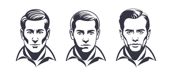 Vector set of monochrome stencils of male faces. Brutal beautiful survey graphic portraits of european men. Stickers or icons. White isolated background.