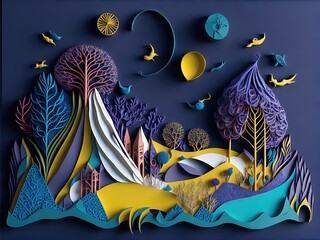 Abstract realistic papercut landscape decoration textured with cardboard wavy layers.