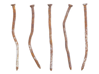 Rusty deformed and nails close-up, isolated on transparent background