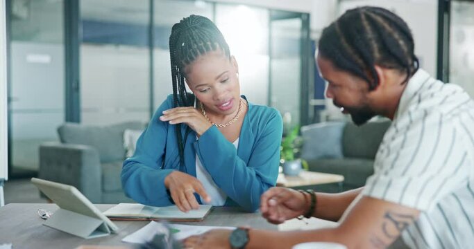 Teamwork, business people and discussion with documents in office for data, statistics or information. Collaboration, black man and woman with paperwork for marketing, graphs and charts in workplace.