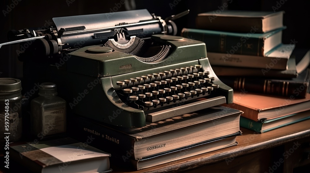 Poster typewriter on a stack of books with a notebook. ai generated