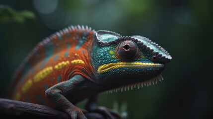 Fototapeta premium The Colorful Camouflage - Rainbow Chameleon in its Natural Habitat - Generative AI