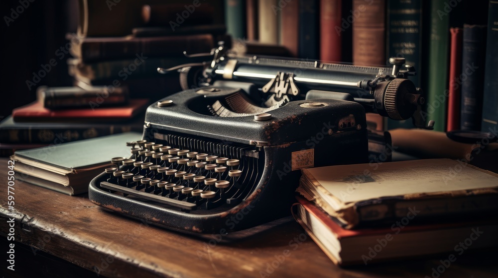 Poster typewriter on a stack of books with a notebook. ai generated