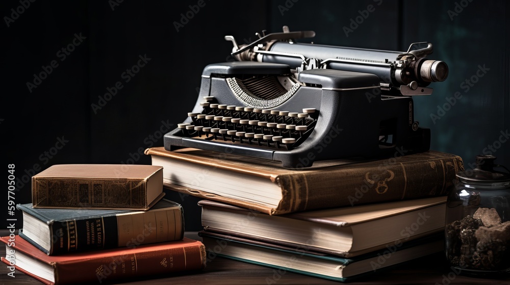 Poster typewriter on a stack of books with a notebook. ai generated