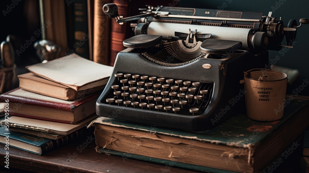 Poster typewriter on a stack of books with a notebook. ai generated