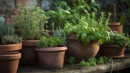 Fototapeta na wymiar Variety of herbs in clay pots. AI generated