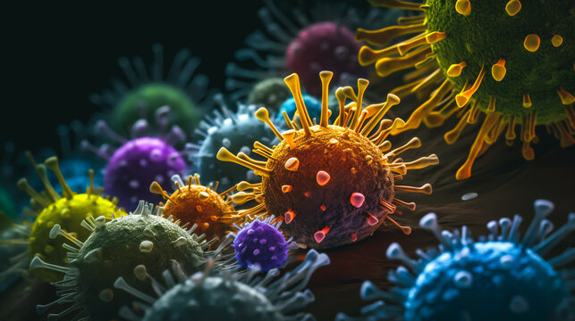 a microscope view of viruses varying shapes and colors  Generative AI Generative AI