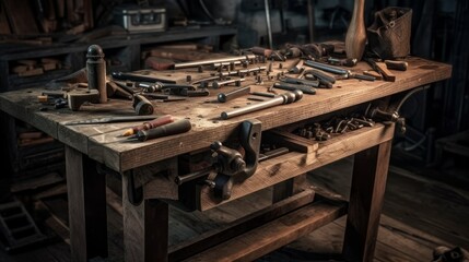 Workbench with tools, screws and nails. AI generated