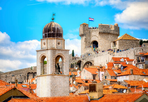 The Famous Bell Tower of Dubrovnik, Croatia, with the Minceta Tower in the Background