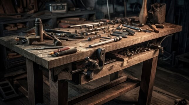 Workbench with tools, screws and nails. AI generated