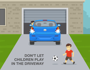 Safe driving tips and rules. Don't let children play in the driveway. Car moving reverse while male kid plays with ball behind. Back view. Flat vector illustration template.