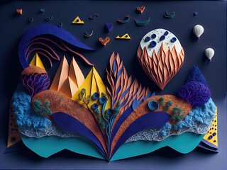 Abstract realistic papercut landscape decoration textured with cardboard wavy layers.