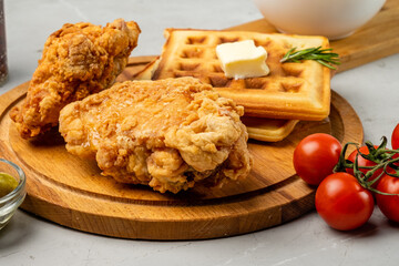 Chicken fried with syrup and waffles close-up.