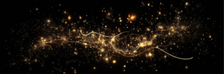 Obraz premium Overlay magic on a black background. Golden particles, Christmas background from shining dust Christmas glowing light. Magic effect to overlay on photo. Generative AI