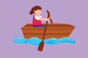 Character flat drawing cute little girl paddling boat at river. Pretty kids riding wooden boat. Kids rowing boat on lake. Happy children paddle boat on small river. Cartoon design vector illustration © onetime