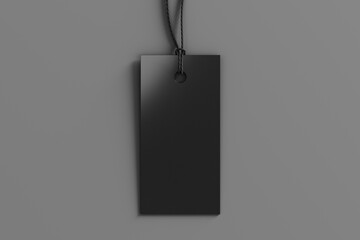 Black rectangular tag mockup on gray background. View directly above