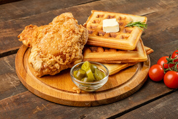 Breaded deep fried chicken and waffles, wooden table.