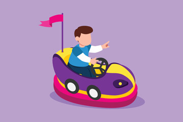 Graphic flat design drawing cheerful little boy riding in bump car at outdoor playground. Happy kids driving bumpercar. Children riding bump cars at amusement park. Cartoon style vector illustration