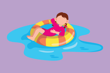 Cartoon flat style drawing cute little girl floating with lifebuoy with relax poses wearing beach, swimming attires. Happy kids feeling happy while using tire buoy. Graphic design vector illustration