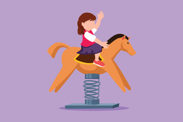 Cartoon flat style drawing little girl riding horse seesaw, kid having fun on playground. Children riding toy horse rocking. Happy girl riding horse swinging seesaw. Graphic design vector illustration